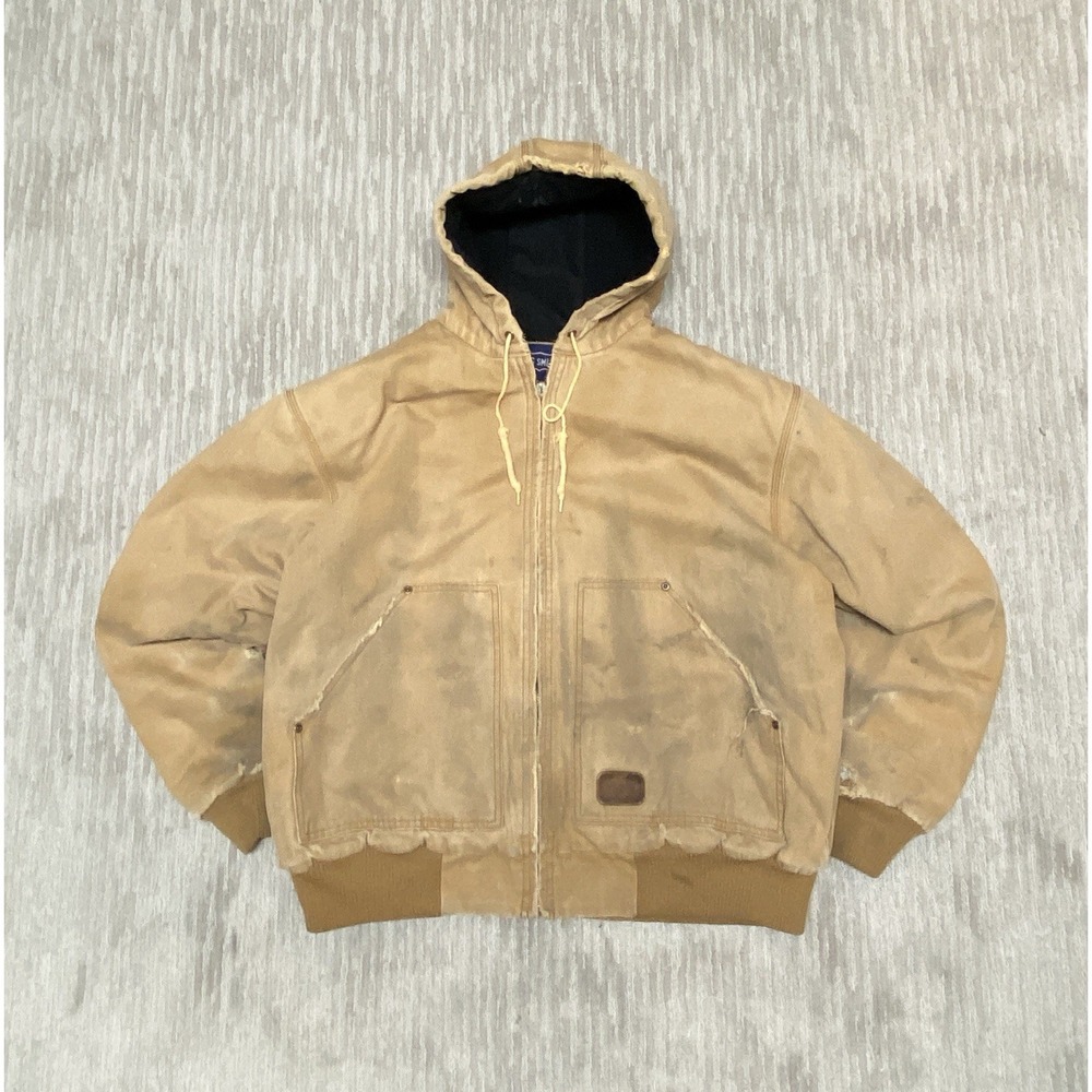 Vintage distressed big smith beige workwear hooded bomber jacket